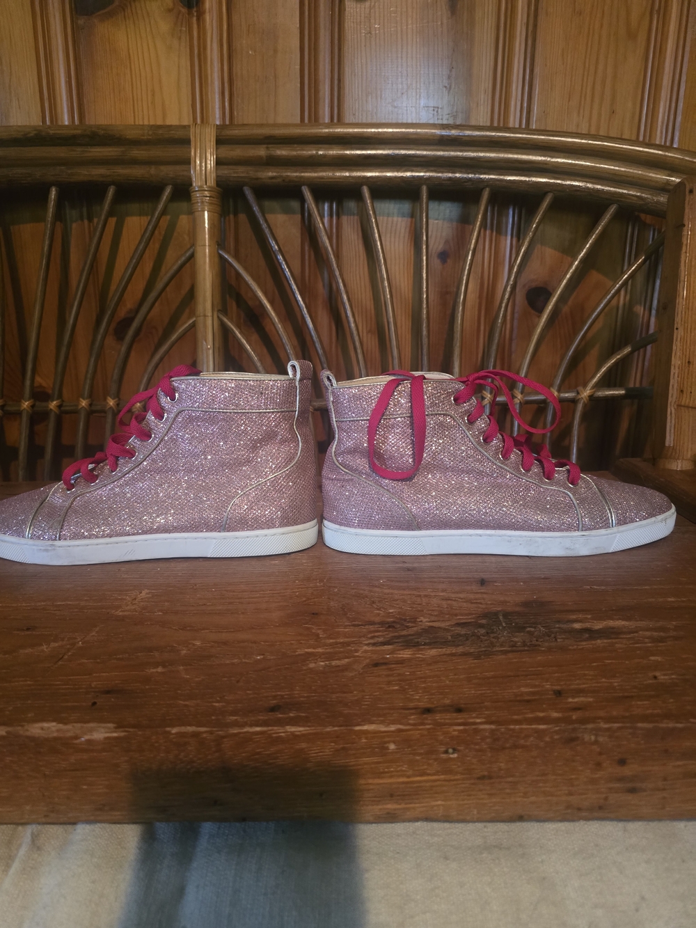 Christian Louboutin Sparkly Pink High Top Sneakers with Hot Pink Laces - Picture 8 of 16